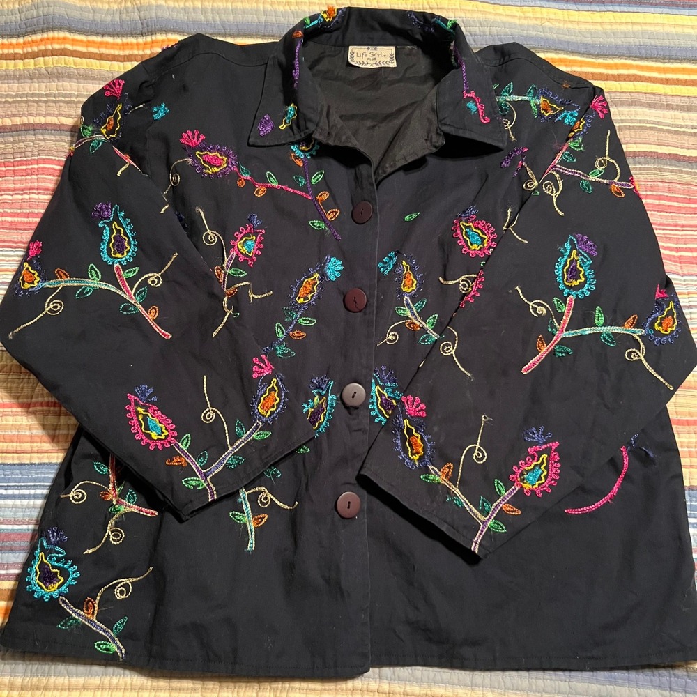 Life Style Plus Embroidered Button Down Jacket Bohemian Floral